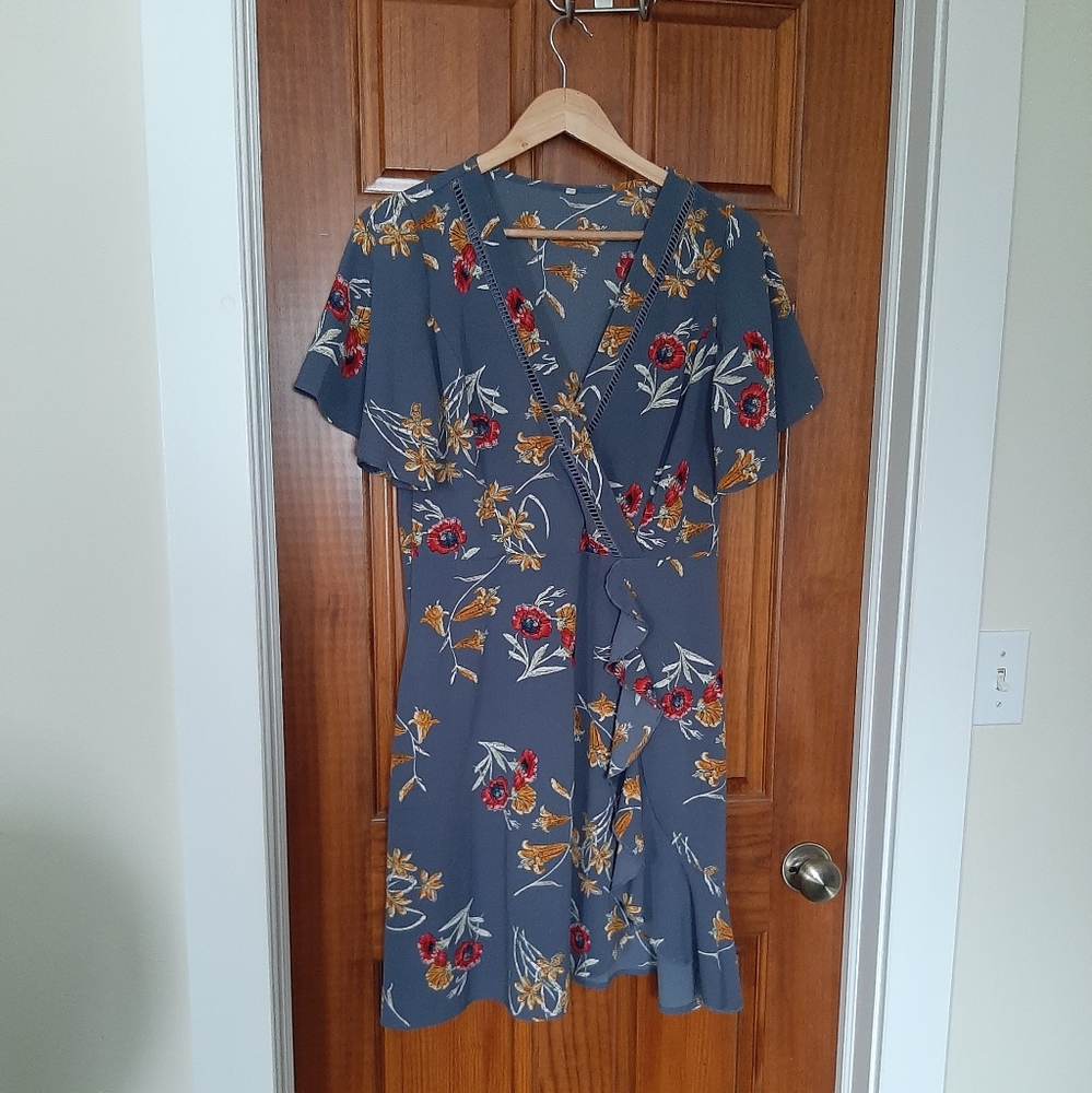 Grey Floral Faux Wrap Dress
